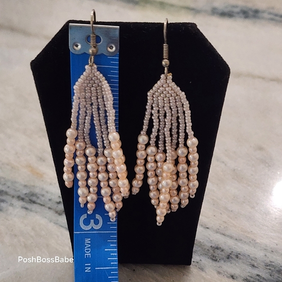 Vintage Pearl Beaded Fringe Earrings – 3” Drop Statement Pair - Picture 2 of 6